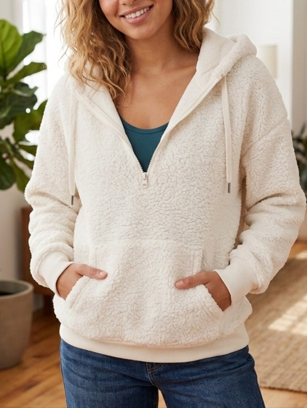 Aerie Sherpa Teddy Fleece Faux Fur Sweatshirt S 1/4 Zip Oversized Cozy Soft